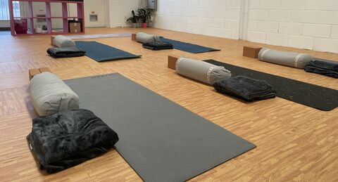 Yoga mats laid out in our peaceful studio space